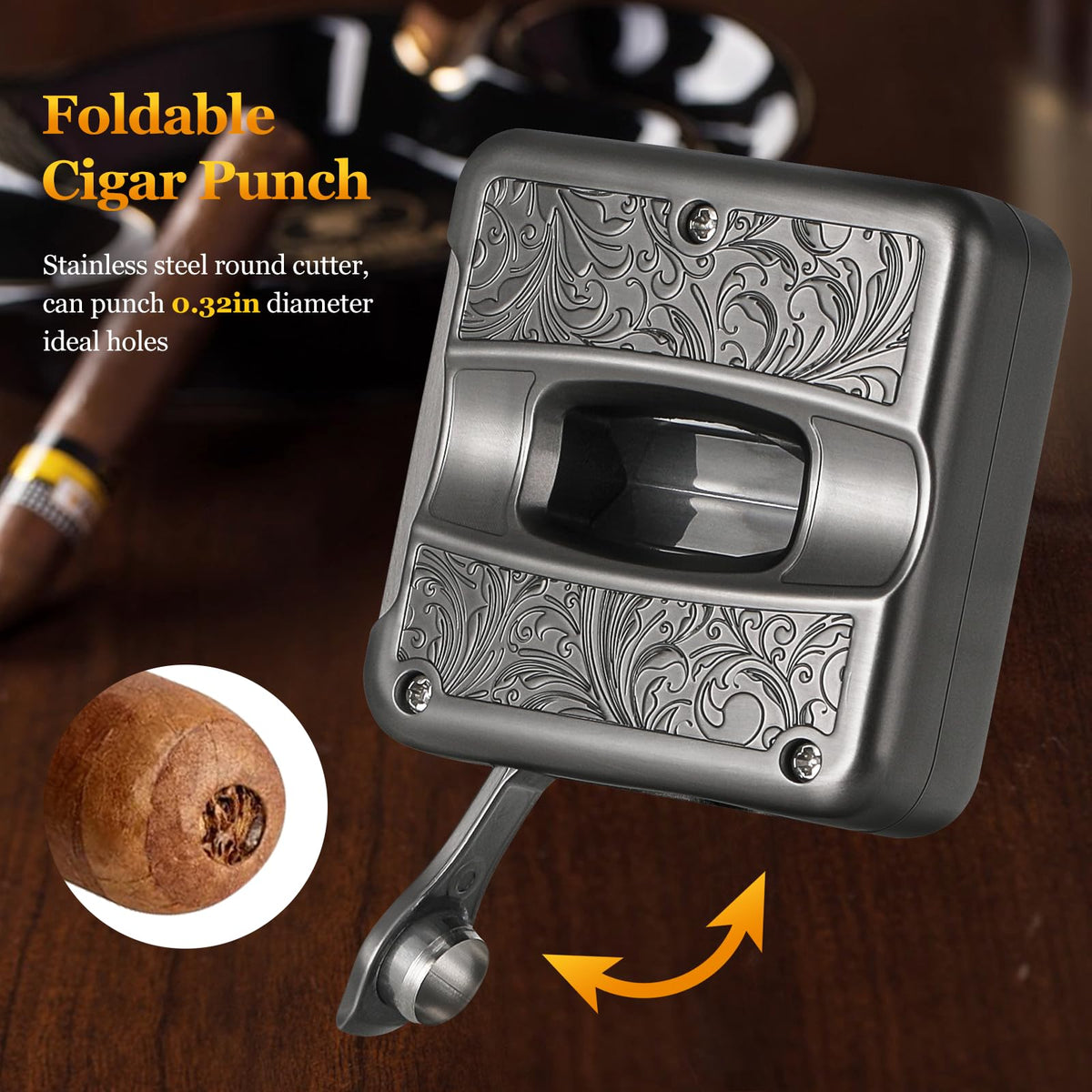 Cigar Cutter,Portable Multifunction V Cut Cigar Cutter, 4 in 1 Stainless Steel Guillotine with Cigar Punch,Cigar Holder and Twin Nubber,Suitable for Max 60 Ring Gauge Cigars (Yellow)
