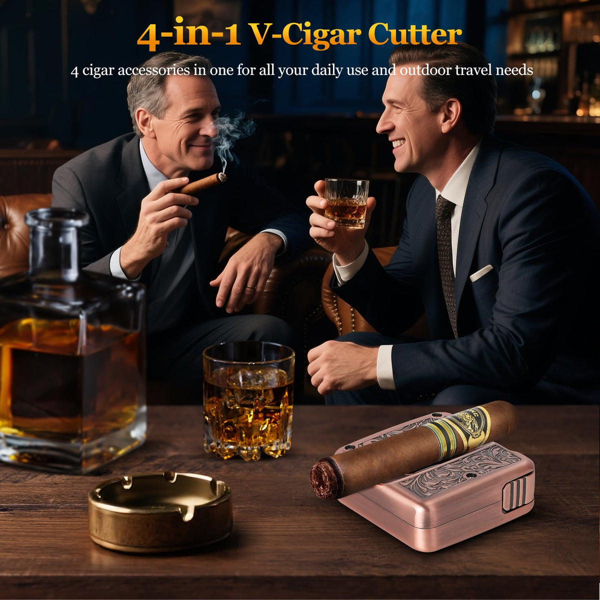 Cigar Cutter,Portable Multifunction V Cut Cigar Cutter, 4 in 1 Stainless Steel Guillotine with Cigar Punch,Cigar Holder and Twin Nubber,Suitable for Max 60 Ring Gauge Cigars (Yellow)