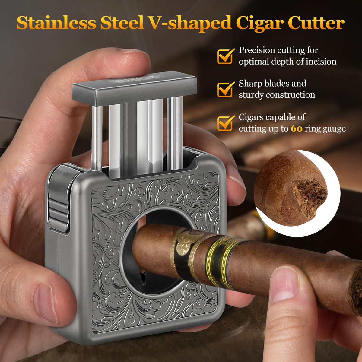 Cigar Cutter,Portable Multifunction V Cut Cigar Cutter, 4 in 1 Stainless Steel Guillotine with Cigar Punch,Cigar Holder and Twin Nubber,Suitable for Max 60 Ring Gauge Cigars (Yellow)