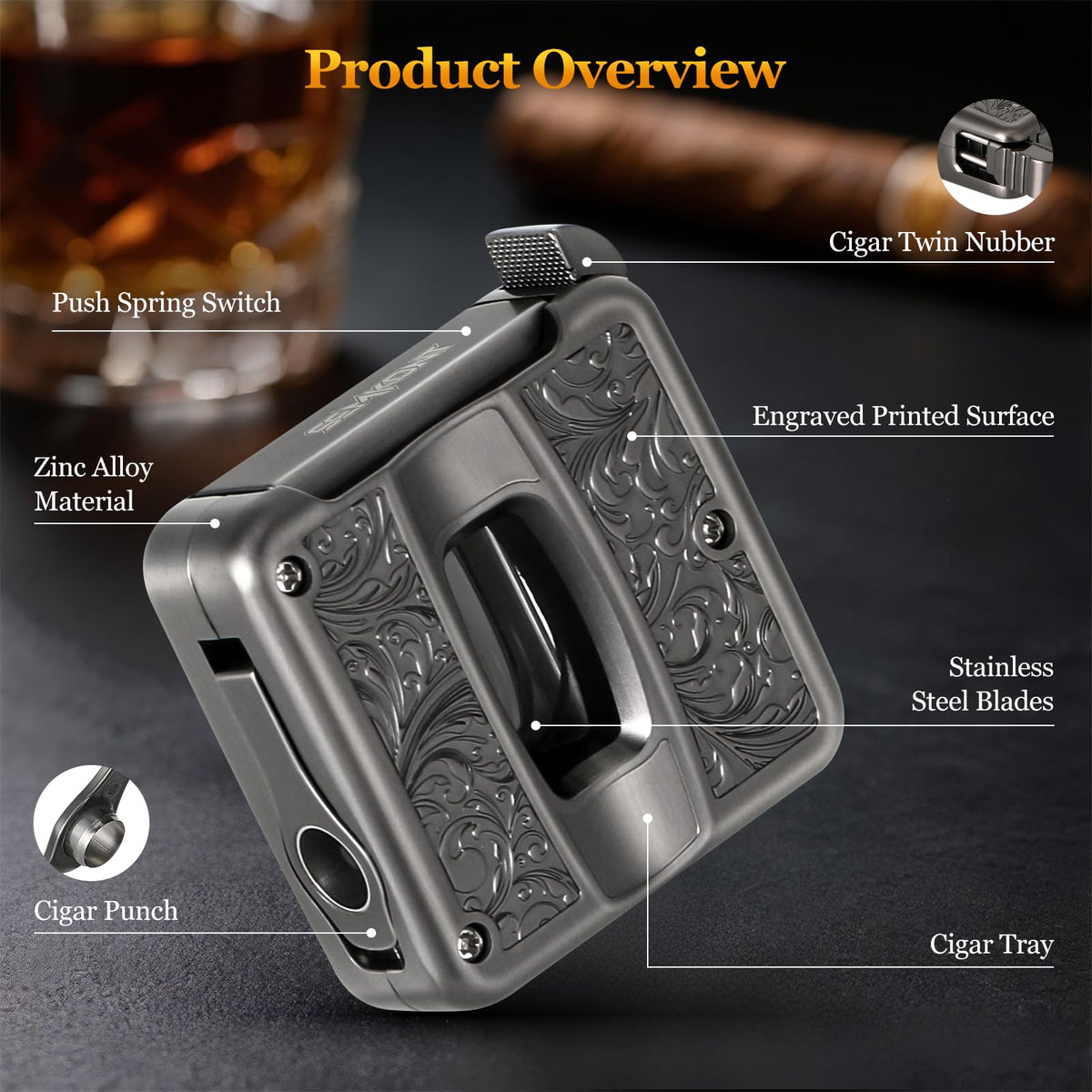 Cigar Cutter,Portable Multifunction V Cut Cigar Cutter, 4 in 1 Stainless Steel Guillotine with Cigar Punch,Cigar Holder and Twin Nubber,Suitable for Max 60 Ring Gauge Cigars (Yellow)