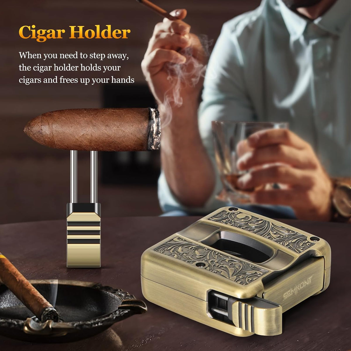 Cigar Cutter,Portable Multifunction V Cut Cigar Cutter, 4 in 1 Stainless Steel Guillotine with Cigar Punch,Cigar Holder and Twin Nubber,Suitable for Max 60 Ring Gauge Cigars (Yellow)