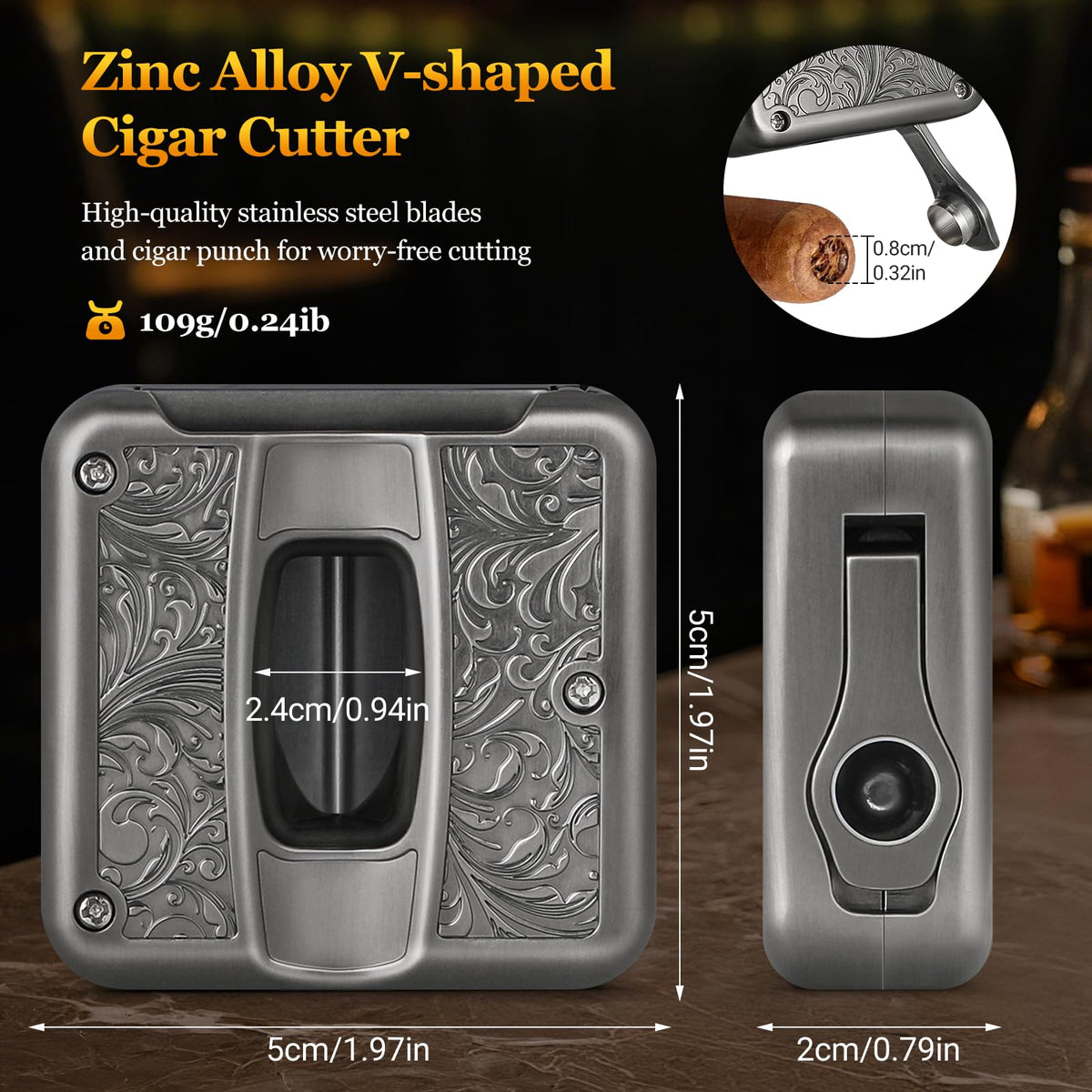 Cigar Cutter,Portable Multifunction V Cut Cigar Cutter, 4 in 1 Stainless Steel Guillotine with Cigar Punch,Cigar Holder and Twin Nubber,Suitable for Max 60 Ring Gauge Cigars (Yellow)
