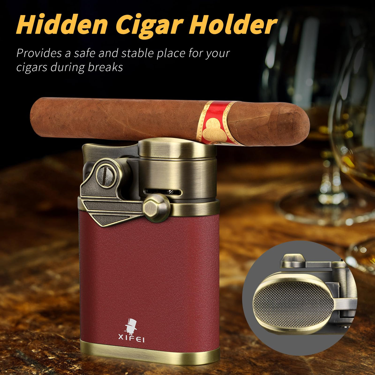 XIFEI Cigar Lighter 4 Jet Flame Torch Lighter with Cigar Holder, Windproof Rocker Arm Lighter Adjustable Flame, Refillable Butane Lighter Smoking Lighters Gift for Men (Bronze)