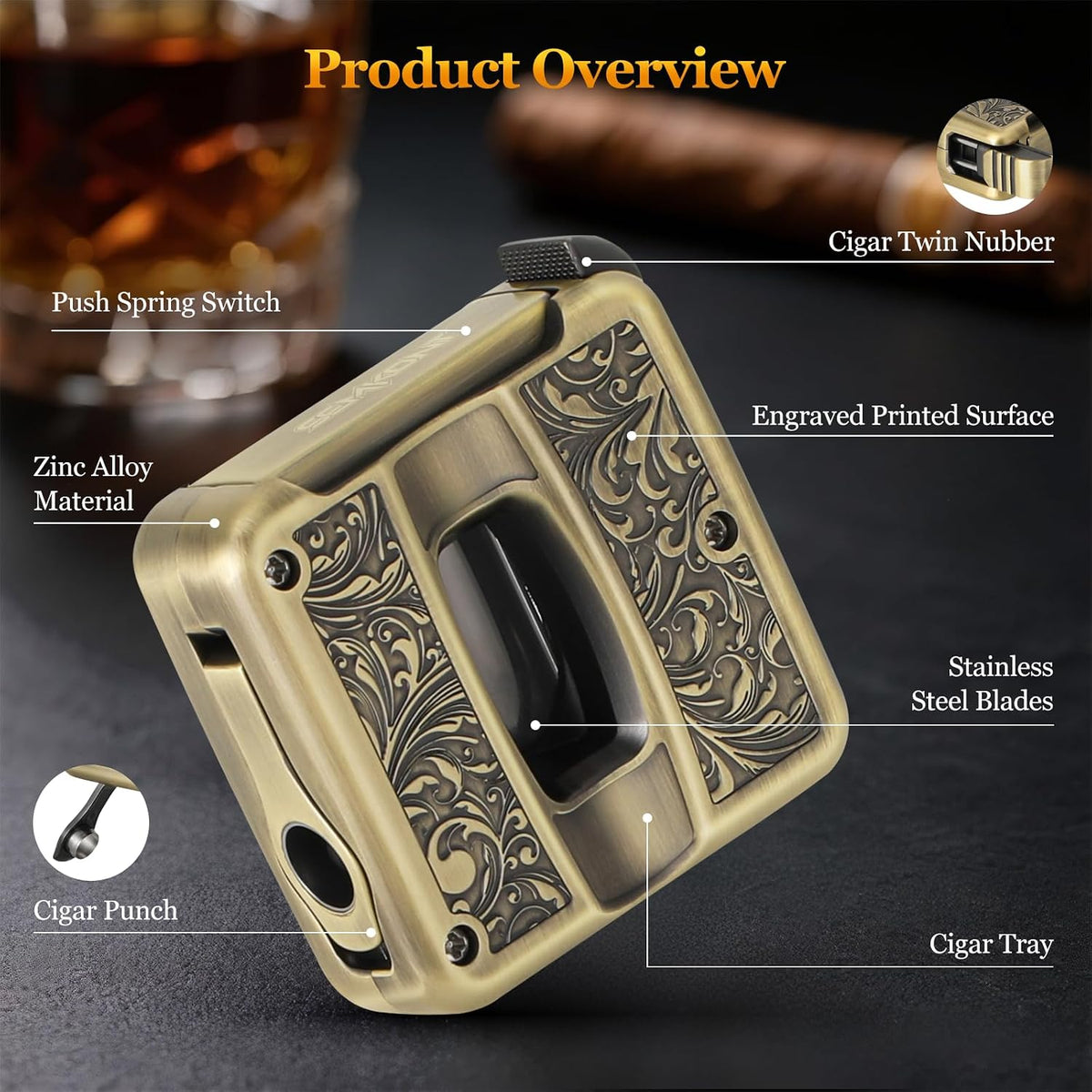 Cigar Cutter,Portable Multifunction V Cut Cigar Cutter, 4 in 1 Stainless Steel Guillotine with Cigar Punch,Cigar Holder and Twin Nubber,Suitable for Max 60 Ring Gauge Cigars (Yellow)