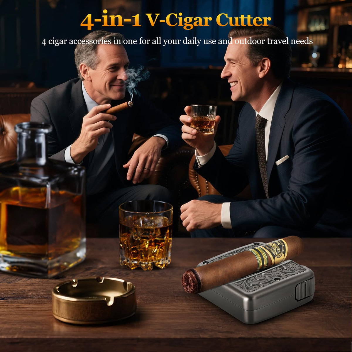 Cigar Cutter,Portable Multifunction V Cut Cigar Cutter, 4 in 1 Stainless Steel Guillotine with Cigar Punch,Cigar Holder and Twin Nubber,Suitable for Max 60 Ring Gauge Cigars (Yellow)