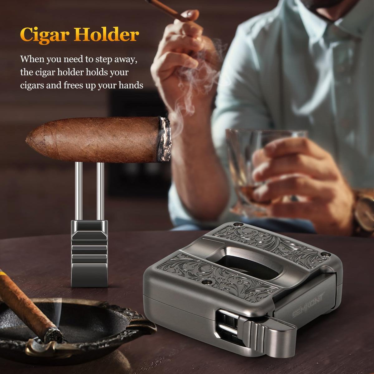 Cigar Cutter,Portable Multifunction V Cut Cigar Cutter, 4 in 1 Stainless Steel Guillotine with Cigar Punch,Cigar Holder and Twin Nubber,Suitable for Max 60 Ring Gauge Cigars (Yellow)