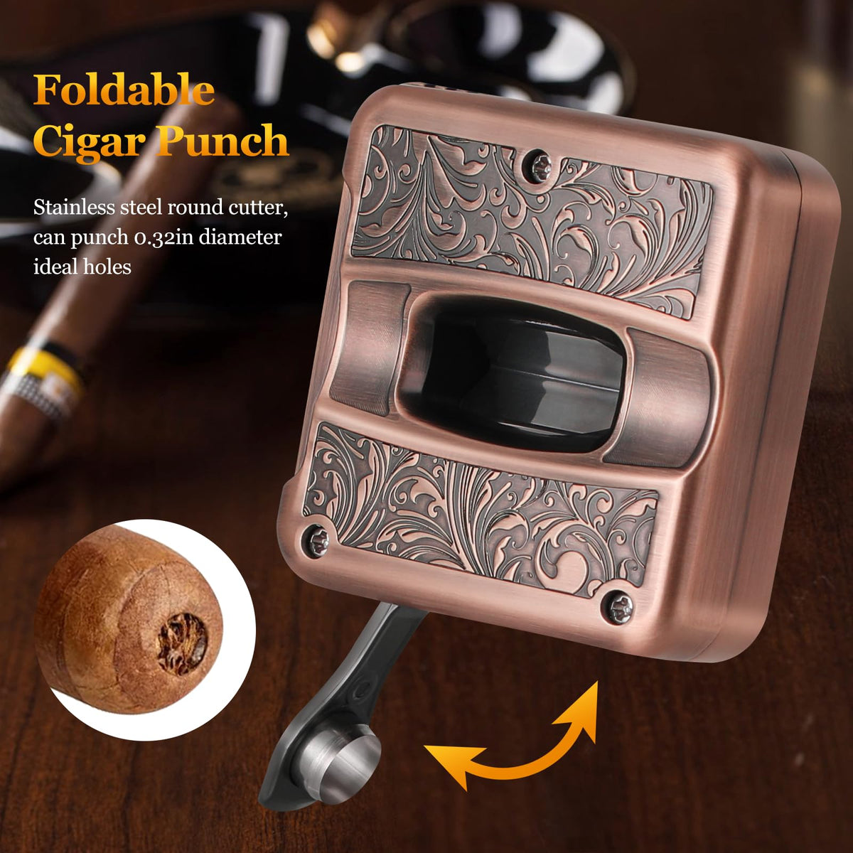 Cigar Cutter,Portable Multifunction V Cut Cigar Cutter, 4 in 1 Stainless Steel Guillotine with Cigar Punch,Cigar Holder and Twin Nubber,Suitable for Max 60 Ring Gauge Cigars (Yellow)