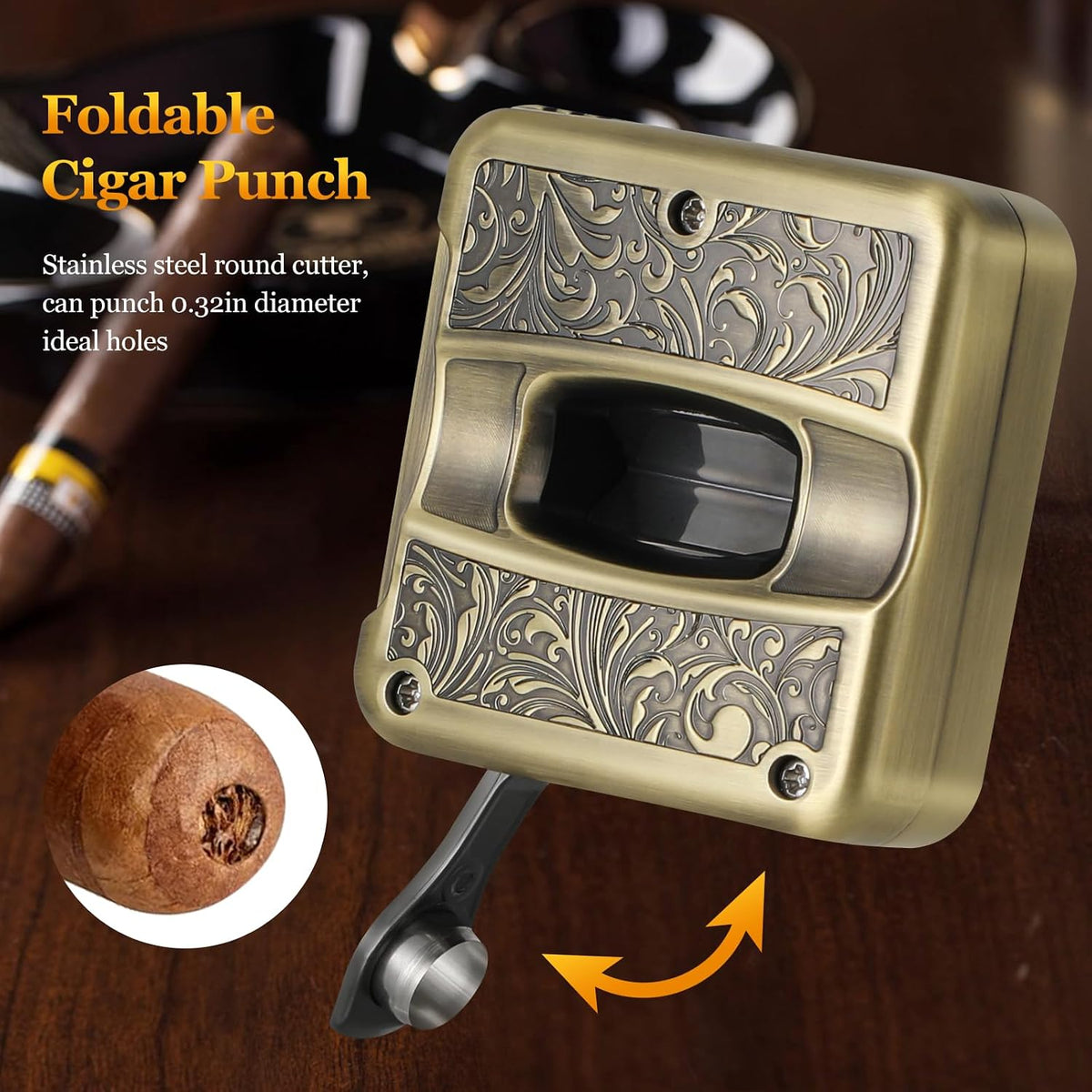 Cigar Cutter,Portable Multifunction V Cut Cigar Cutter, 4 in 1 Stainless Steel Guillotine with Cigar Punch,Cigar Holder and Twin Nubber,Suitable for Max 60 Ring Gauge Cigars (Yellow)