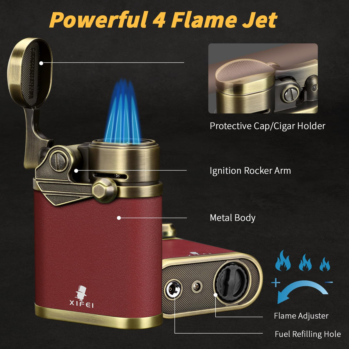 XIFEI Cigar Lighter 4 Jet Flame Torch Lighter with Cigar Holder, Windproof Rocker Arm Lighter Adjustable Flame, Refillable Butane Lighter Smoking Lighters Gift for Men (Bronze)