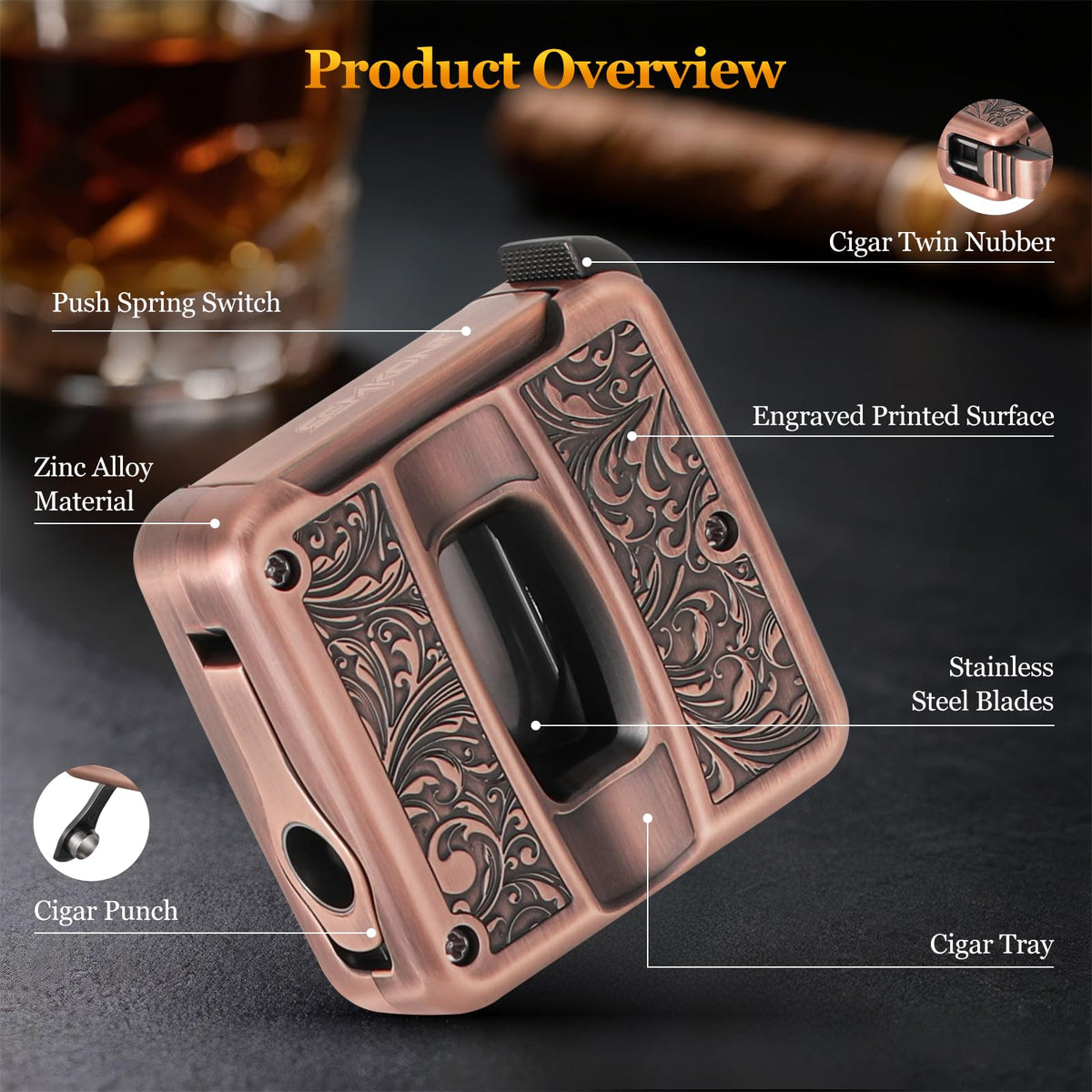 Cigar Cutter,Portable Multifunction V Cut Cigar Cutter, 4 in 1 Stainless Steel Guillotine with Cigar Punch,Cigar Holder and Twin Nubber,Suitable for Max 60 Ring Gauge Cigars (Yellow)