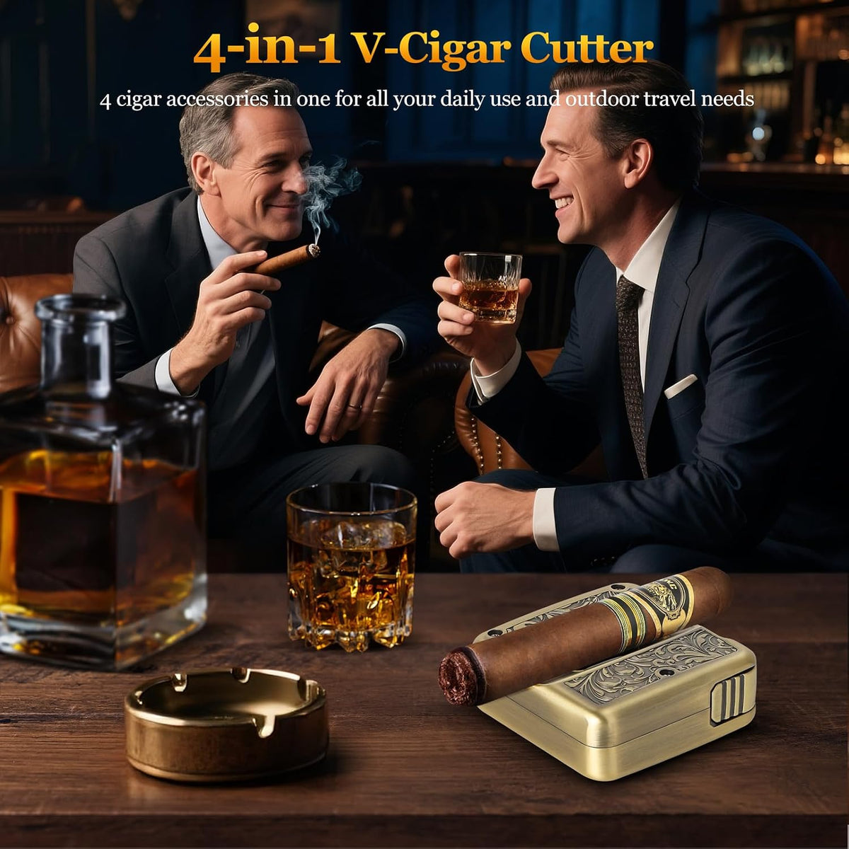 Cigar Cutter,Portable Multifunction V Cut Cigar Cutter, 4 in 1 Stainless Steel Guillotine with Cigar Punch,Cigar Holder and Twin Nubber,Suitable for Max 60 Ring Gauge Cigars (Yellow)