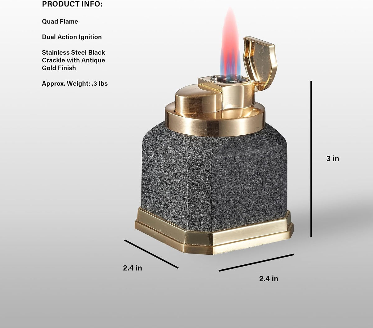 Visol Redferno Torch Lighter Quad Flame Refillable Gas Butane Lighter, Antique Metal Finish and Windproof Adjustable Flame Table Lighter (Shipped Without Butane)
