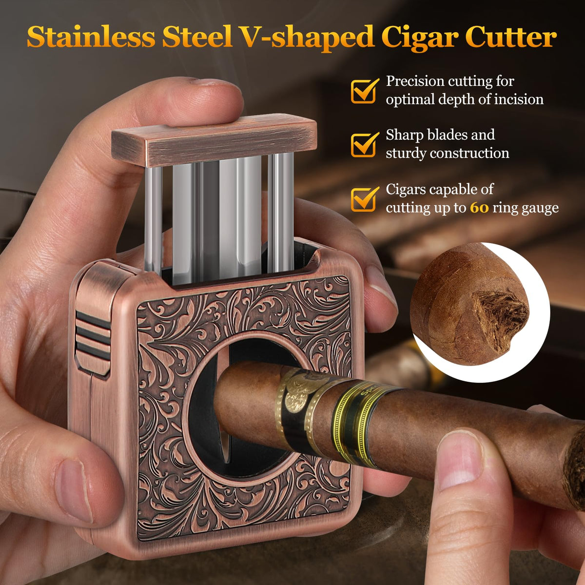 Cigar Cutter,Portable Multifunction V Cut Cigar Cutter, 4 in 1 Stainless Steel Guillotine with Cigar Punch,Cigar Holder and Twin Nubber,Suitable for Max 60 Ring Gauge Cigars (Yellow)