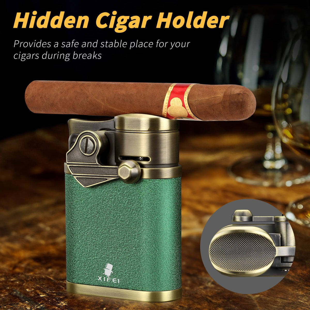 XIFEI Cigar Lighter 4 Jet Flame Torch Lighter with Cigar Holder, Windproof Rocker Arm Lighter Adjustable Flame, Refillable Butane Lighter Smoking Lighters Gift for Men (Bronze)