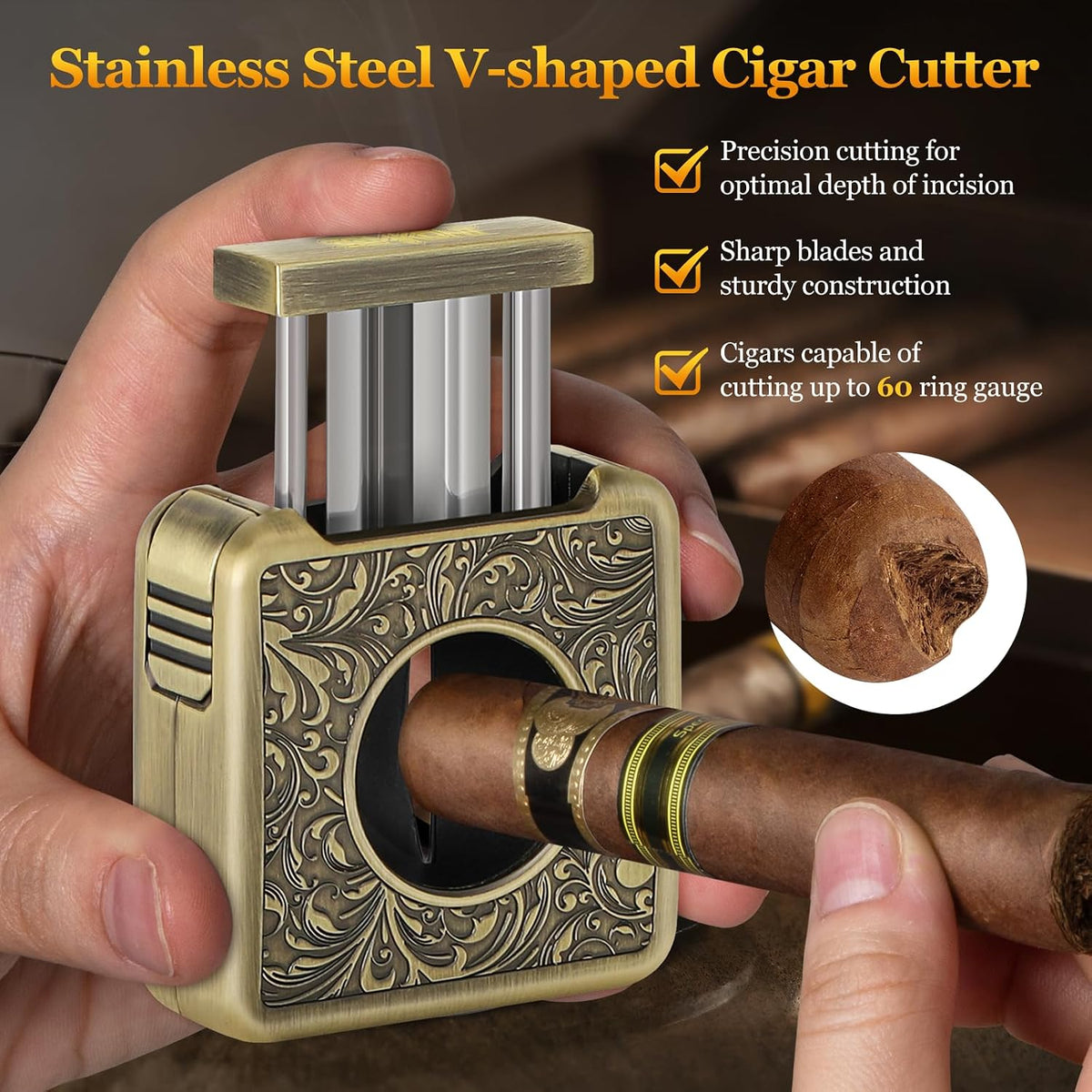 Cigar Cutter,Portable Multifunction V Cut Cigar Cutter, 4 in 1 Stainless Steel Guillotine with Cigar Punch,Cigar Holder and Twin Nubber,Suitable for Max 60 Ring Gauge Cigars (Yellow)