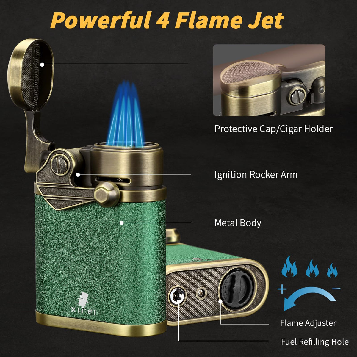 XIFEI Cigar Lighter 4 Jet Flame Torch Lighter with Cigar Holder, Windproof Rocker Arm Lighter Adjustable Flame, Refillable Butane Lighter Smoking Lighters Gift for Men (Bronze)