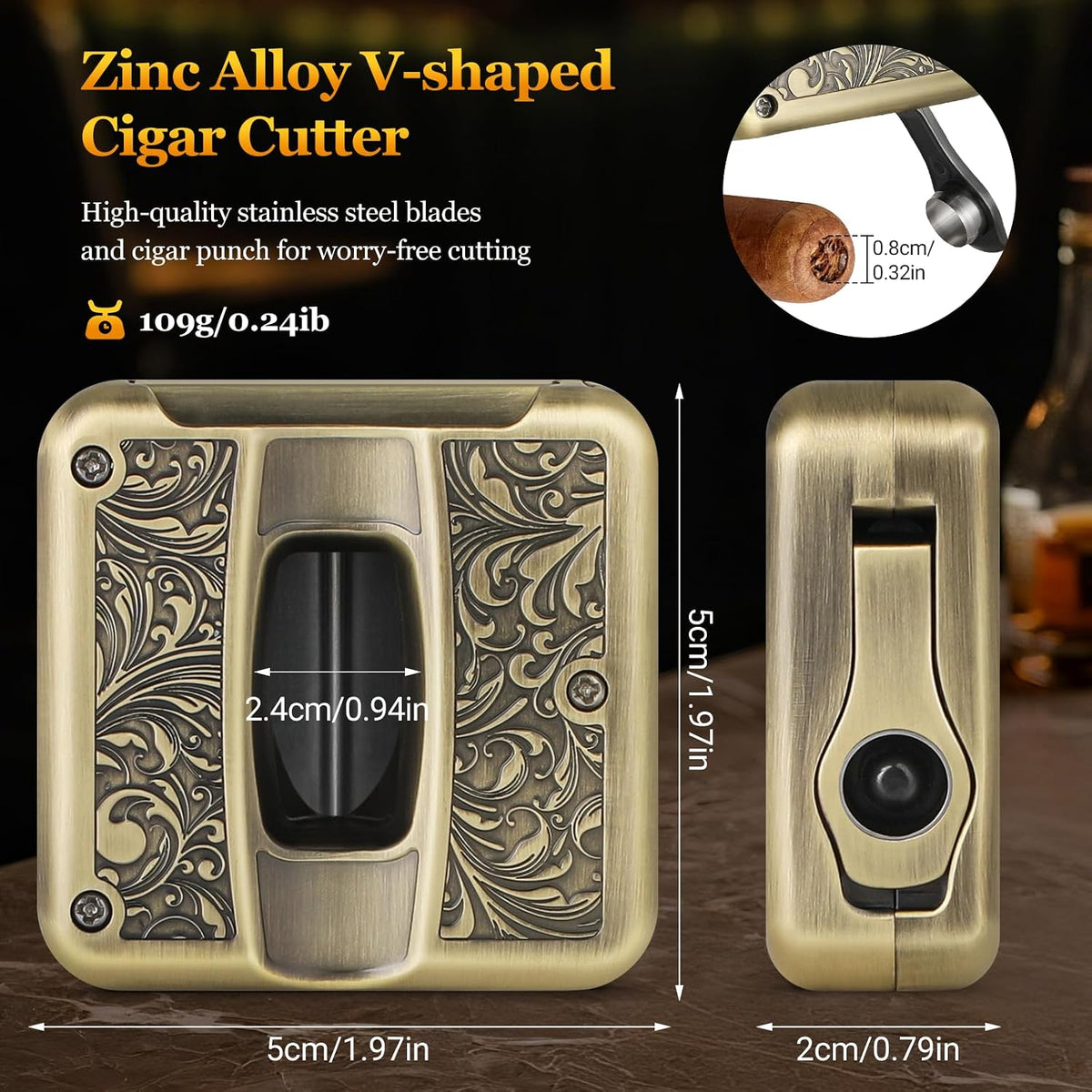 Cigar Cutter,Portable Multifunction V Cut Cigar Cutter, 4 in 1 Stainless Steel Guillotine with Cigar Punch,Cigar Holder and Twin Nubber,Suitable for Max 60 Ring Gauge Cigars (Yellow)