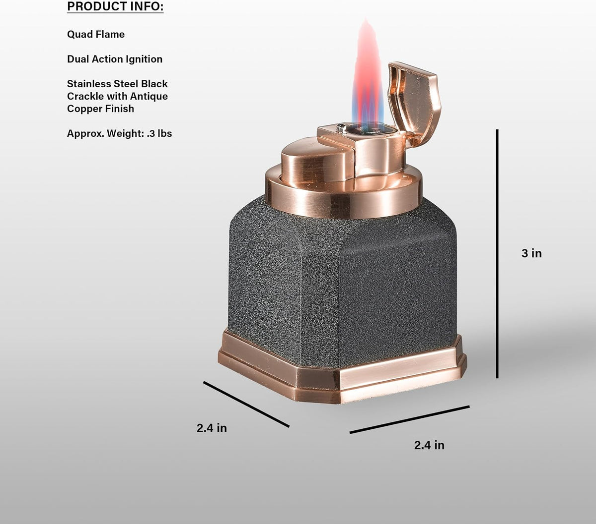 Visol Redferno Torch Lighter, Quad Flame, Refillable, Windproof, Adjustable Flame, Black Crackle and Copper Finish, Unique Cube Shape, Table Lighter
