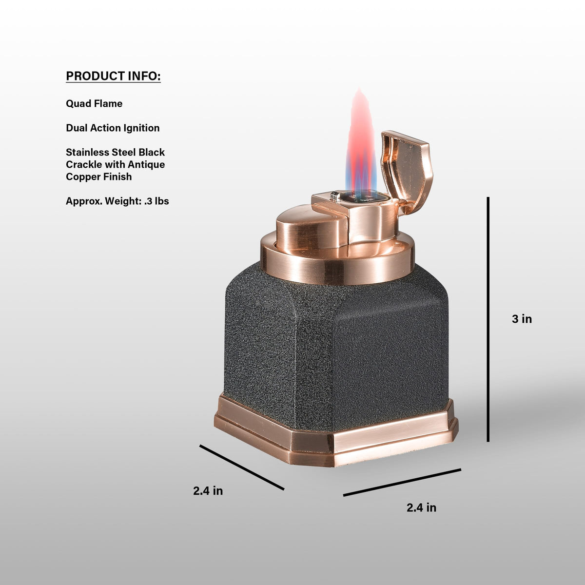 Visol Redferno Torch Lighter Quad Flame Refillable Gas Butane Lighter, Antique Metal Finish and Windproof Adjustable Flame Table Lighter (Shipped Without Butane)